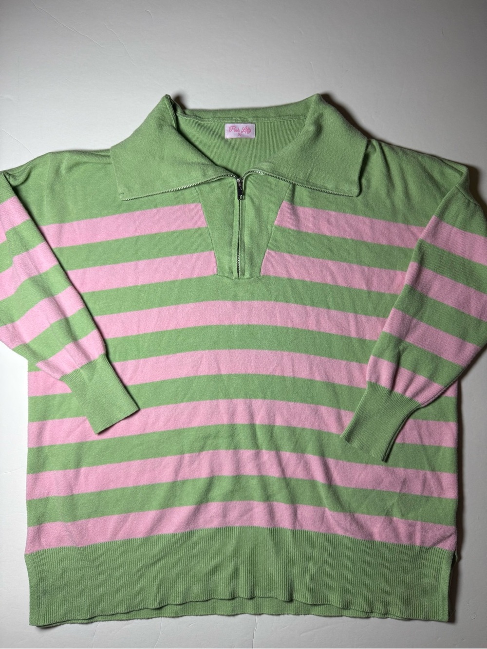 Pink Lilly Small Pink Green Striped Quarter Zip Collared Sweater Preppy